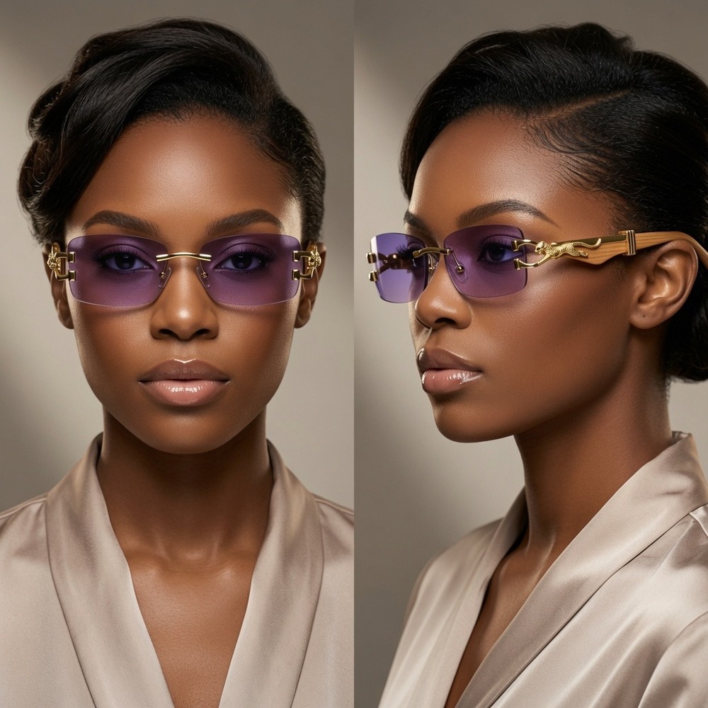 Gold Women Rimless Rectangle Sunglasses Purple‎ Gradient Lens UV400 Trendy Fancy